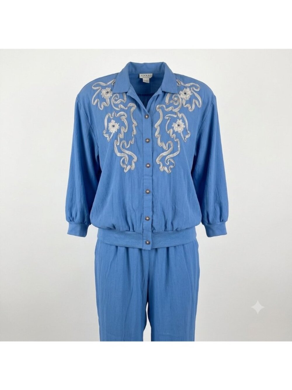 Adolfo Collectibles Blue 2-Piece Set XL With Embroidered Top & Pants Polyester/R